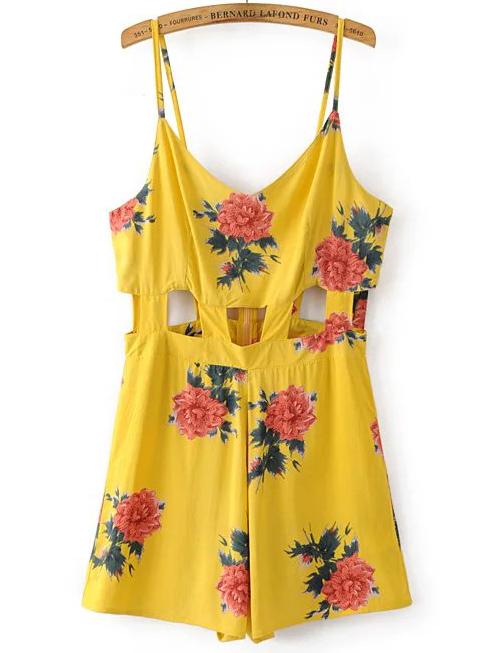 Shein Yellow Flower Print Cut Out Romper With Zipper