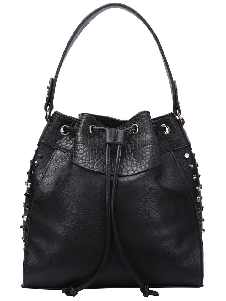 Shein Black Studded Pu Shoulder Bag With Drawstring