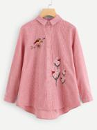 Shein Embroidered Bird High Low Striped Blouse