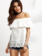 Shein White Scallop Eyelet Embroidered Off The Shoulder Ruffle Top