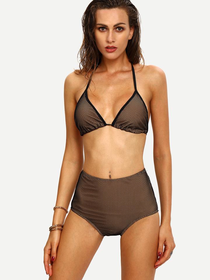 Shein Contrast Trim High Waist Mesh Bikini Set