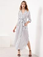 Shein Vertical Striped Slit Side Curved Hem Shirt Dress