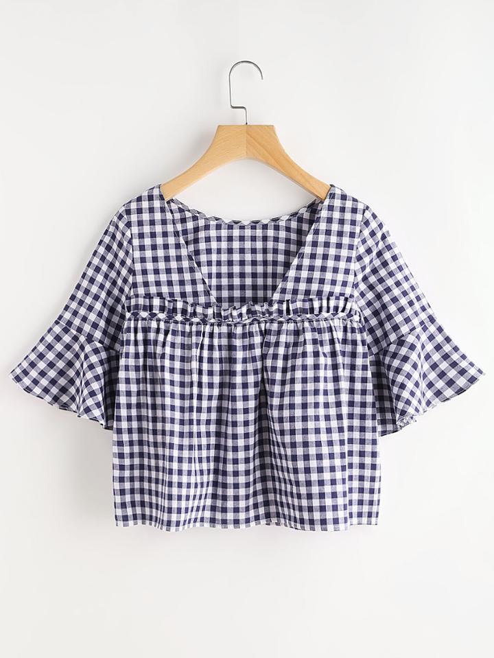 Shein Open Back Ruffle Detail Bell Sleeve Gingham Top