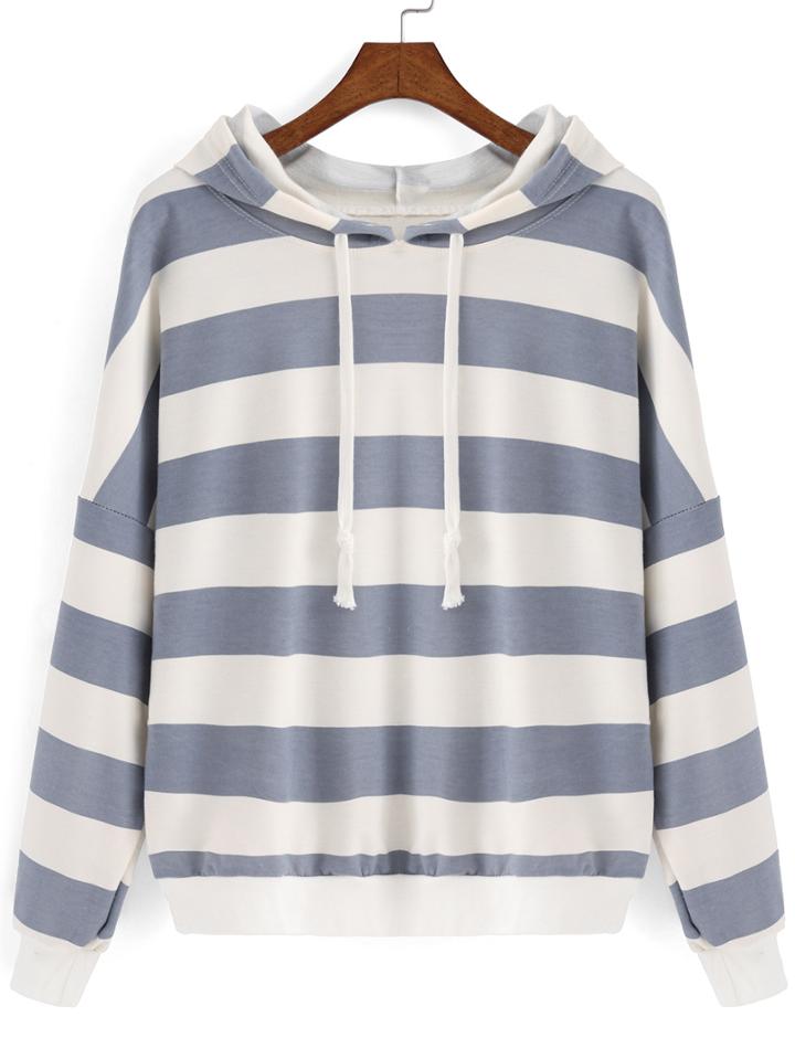 Shein Grey White Hooded Striped Crop Sweatshirt
