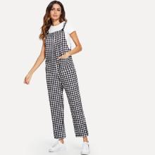 Shein Pleated & Pocket Plaid Pinafore Jumpsuit