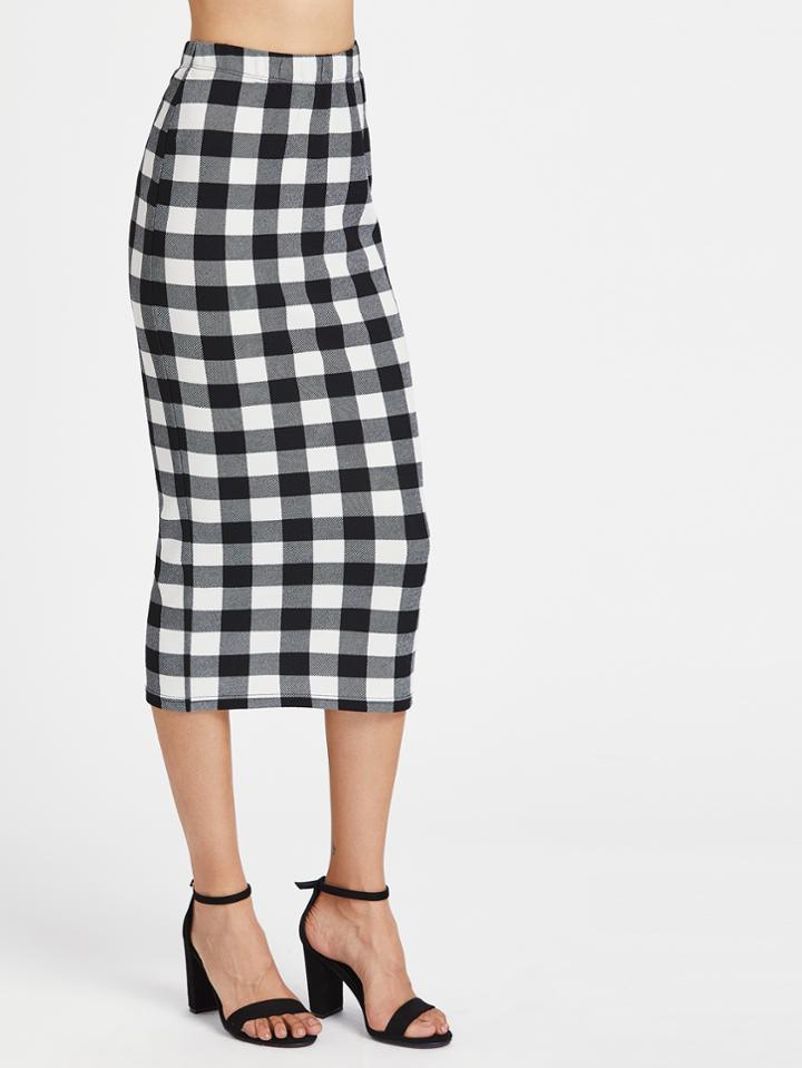 Shein Elasticized Waist Checkered Midi Pencil Skirt