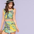 Shein Tropical Crop Top And Button Skort Set