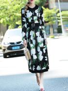 Shein Black Belted Flowers Print Long Dress