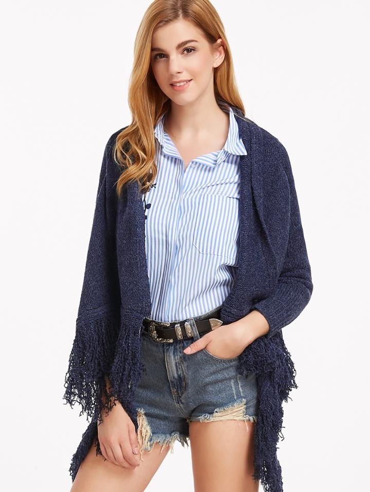 Shein Navy Shawl Collar Fringe Asymmetric Hem Cardigan