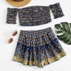 Shein Flower Print Ruched Crop Bardot Top And Shorts Set