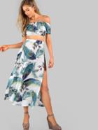 Shein Crop Frill Bardot Top And High Slit Skirt Set