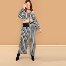 Shein Plus Off Shoulder Striped Crop Top And Palazzo Pants Set