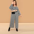 Shein Plus Off Shoulder Striped Crop Top And Palazzo Pants Set