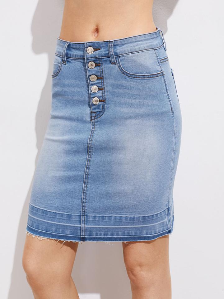 Shein Buttoned Fly Vented Back Bleach Wash Denim Skirt