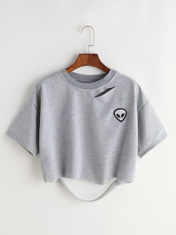 Shein Alien Patch Ripped Back Dropped Shoulder Crop Tee