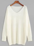 Shein White V Neck Drop Shoulder Sweater