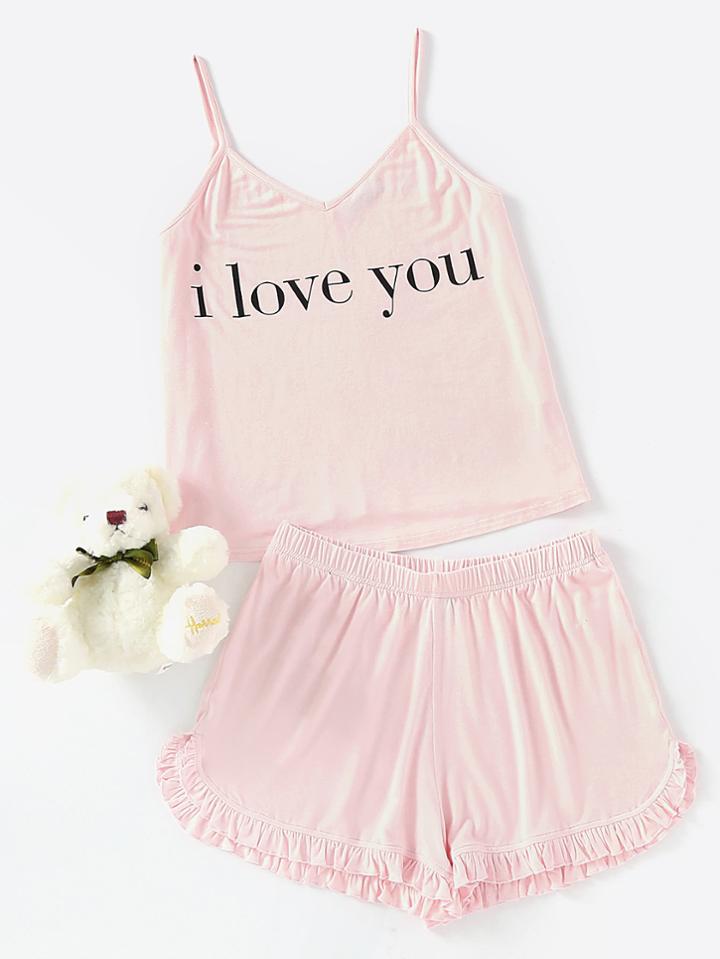 Shein Slogan Print Cami Top And Frill Hem Shorts Pajama Set