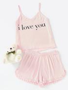 Shein Slogan Print Cami Top And Frill Hem Shorts Pajama Set