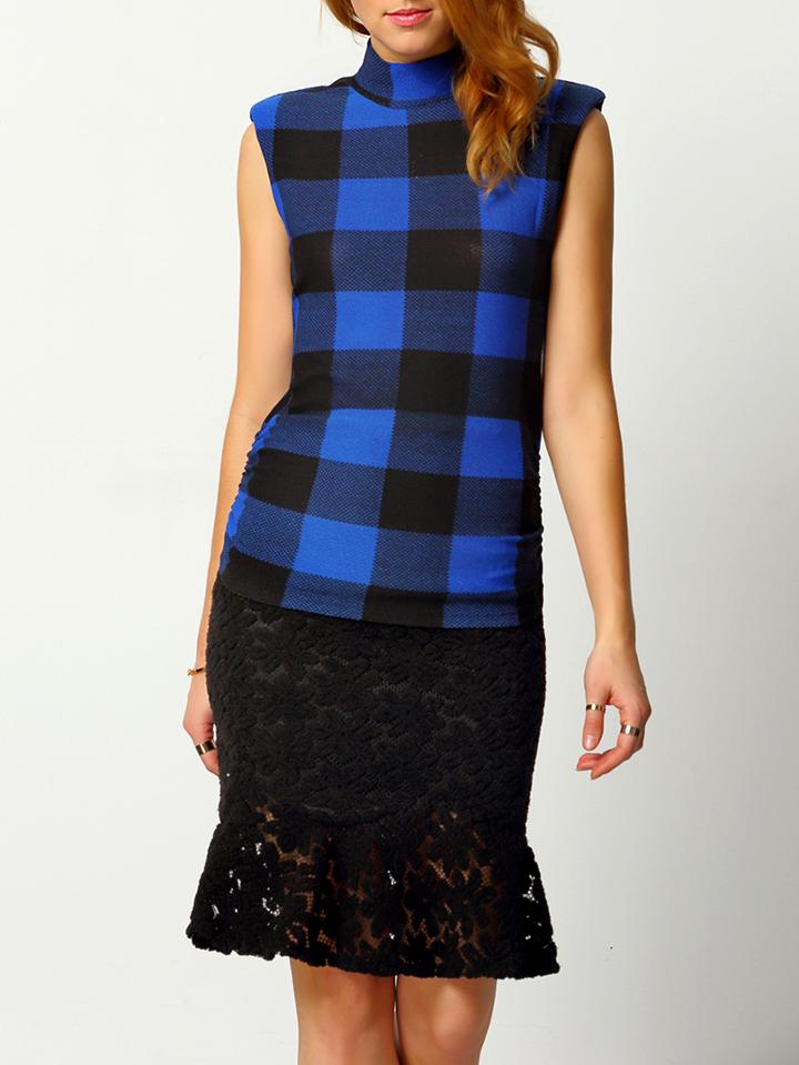 Shein Blue Black High Neck Plaid Slim Blouse