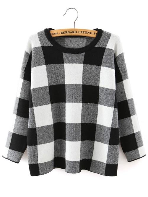 Shein Black White Round Neck Plaid Crop Knitwear