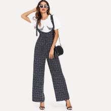 Shein Adjustable Strap Button Up Plaid Jumpsuit