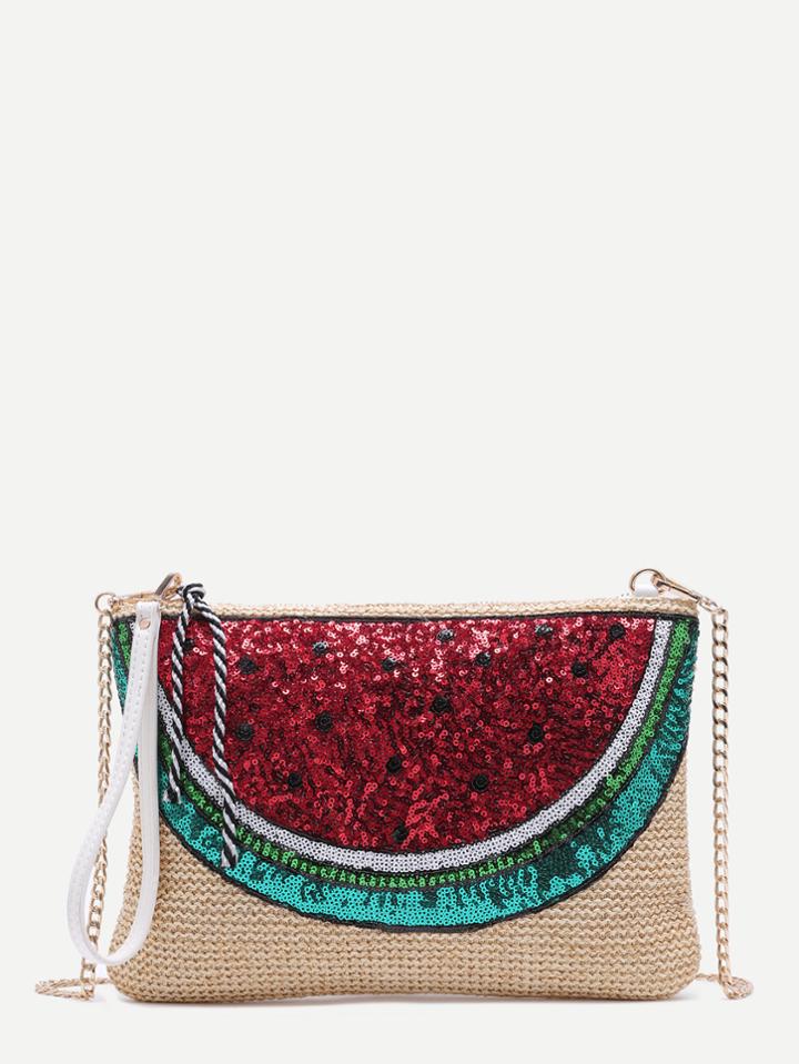 Shein Watermelon Sequin Embellished Khaki Straw Chain Bag