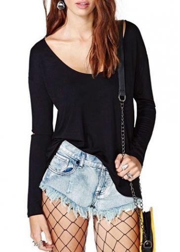 Rosewe Solid Black Round Neck Long Sleeve T Shirts