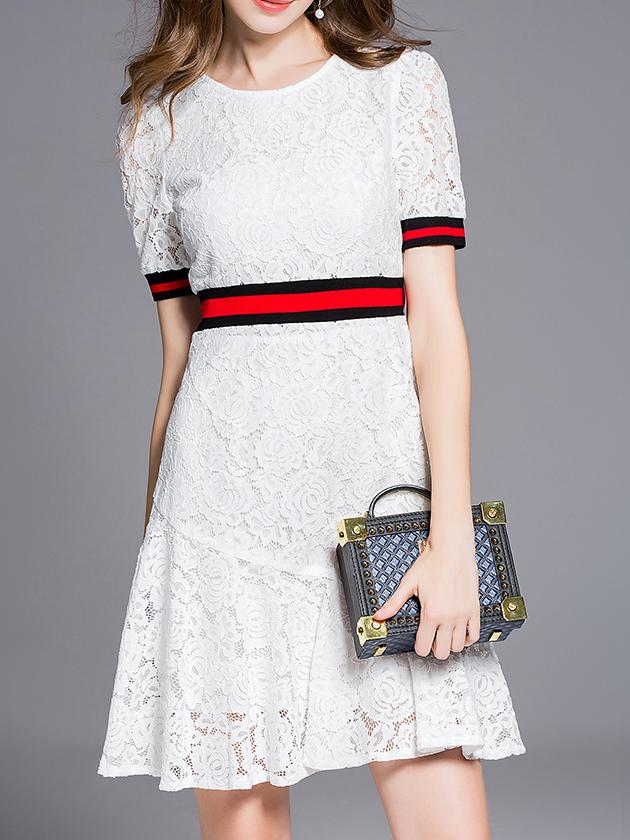 Shein White Crew Neck Ruffle Lace Dress