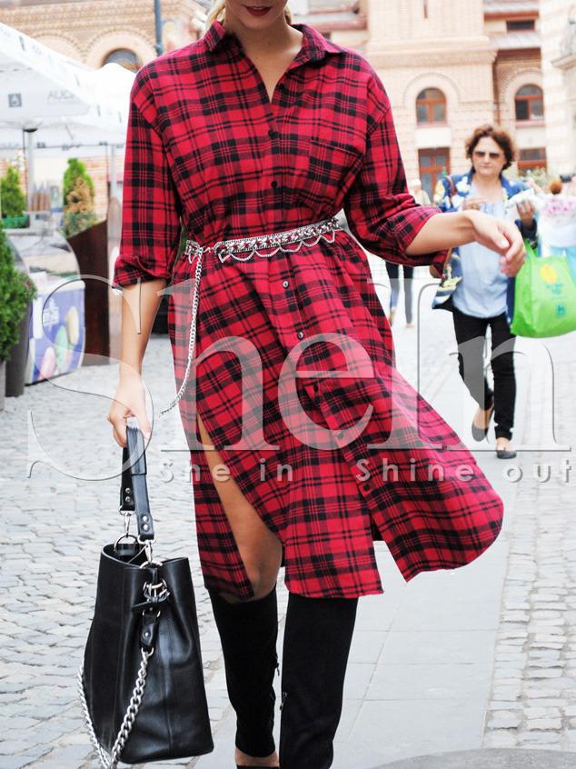Shein Plaid Side Slit 36 Print Back Shirt Dress
