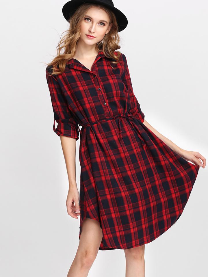 Shein Tartan Plaid Curved Hem Shirt Dress