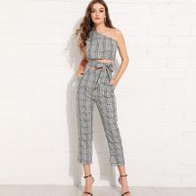 Shein Glen Plaid One Shoulder Knot Top With Pants
