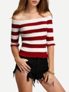 Shein Striped Off-the-shoulder Ruffled T-shirt - Burgundy