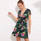 Shein Knot Front Open Midriff Tropical Dress