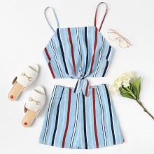 Shein Knot Hem Striped Cami Top & Shorts Set