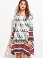 Shein White Tribal Print Long Sleeve Shift Dress