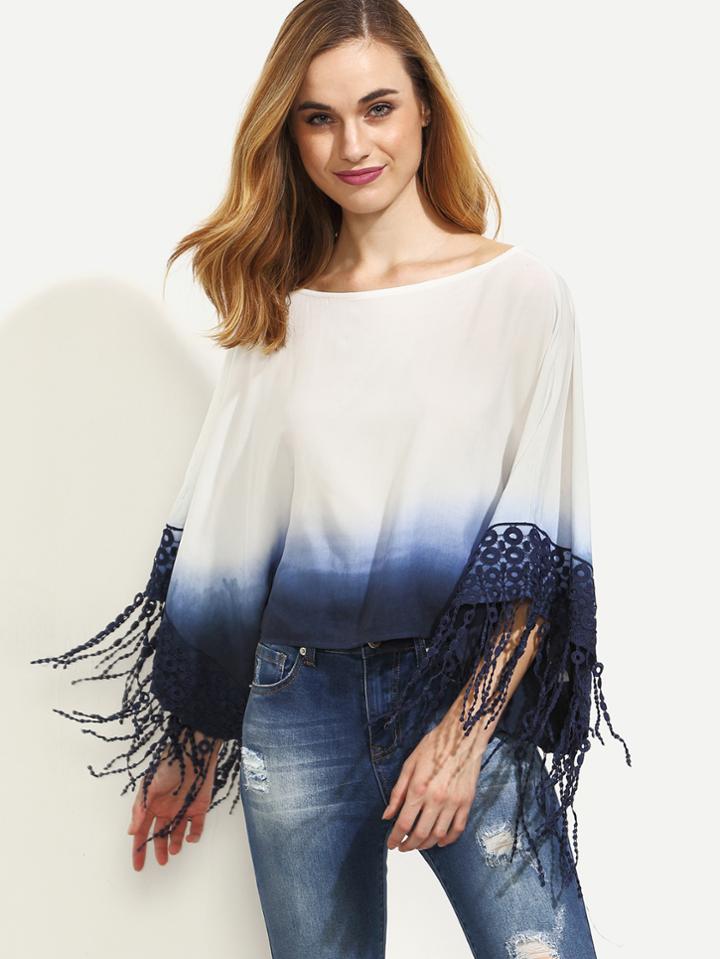 Shein Ombre Crochet Fringe Trim Tie Back Blouse
