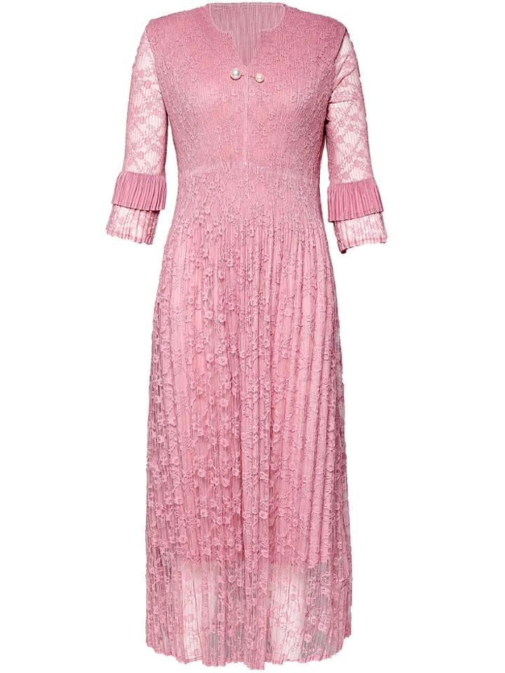 Shein V Neck Sheer Pleated Lace Dress