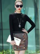 Shein Black Round Neck Long Sleeve Knit Print Dress