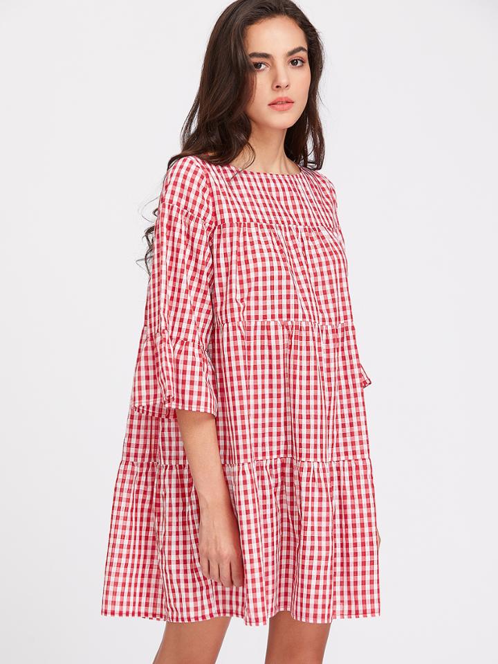 Shein 3/4 Sleeve Tiered Gingham Tent Dress