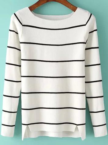 Shein White Round Neck Striped Slim Knit Sweater