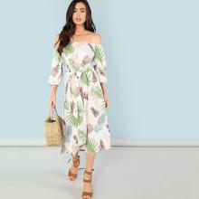 Shein Tropical Print Bishop Sleeve Dress