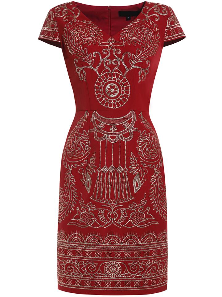 Shein Wine V Neck Embroidered Sheath Dress