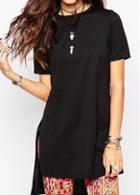 Rosewe Black Side Slit Round Neck T Shirt