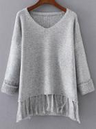 Shein Grey V Neck Rolled Cuff Fringe Hem Sweater