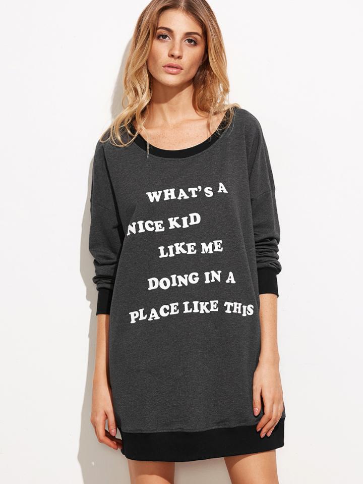 Shein Grey Contrast Trim Letter Print Sweatshirt Dress