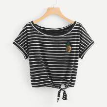 Shein Sequin Pineapple Detail Striped T-shirt