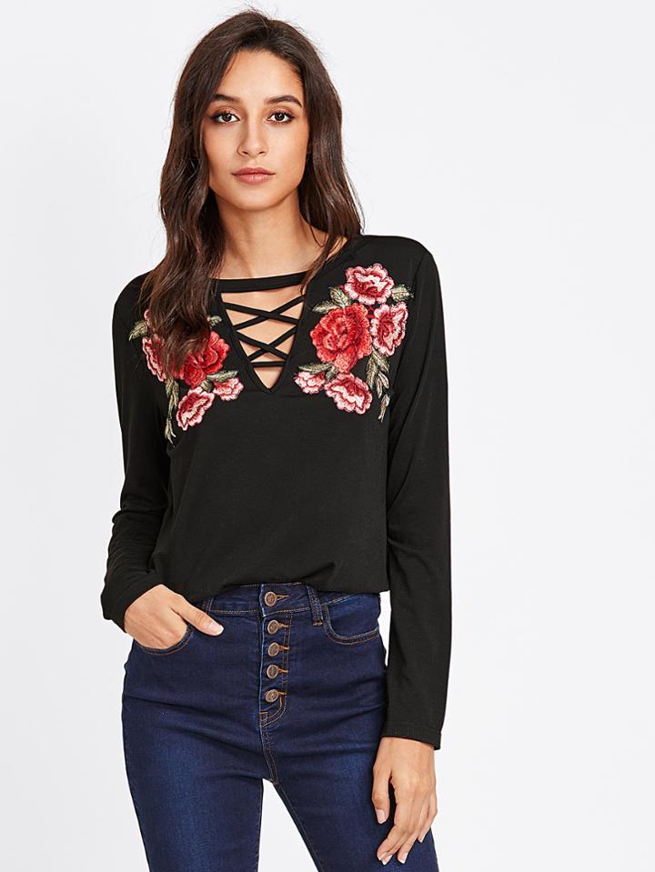 Shein Embroidery Patch Crisscross V Neck Top