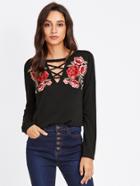 Shein Embroidery Patch Crisscross V Neck Top