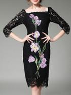 Shein Black Boat Neck Flowers Embroidered Lace Dress