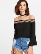 Shein Black Embroidered Off The Shoulder Bell Sleeve Top